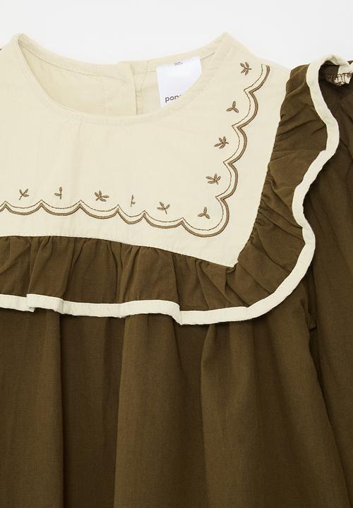 Pop Candy - Embroidered bib ruffle sleeve blouse - brown/beige