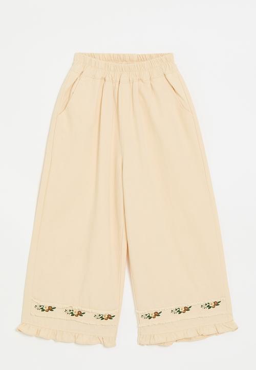 Pop Candy - Wide leg pants with embroidery detail - parchment white