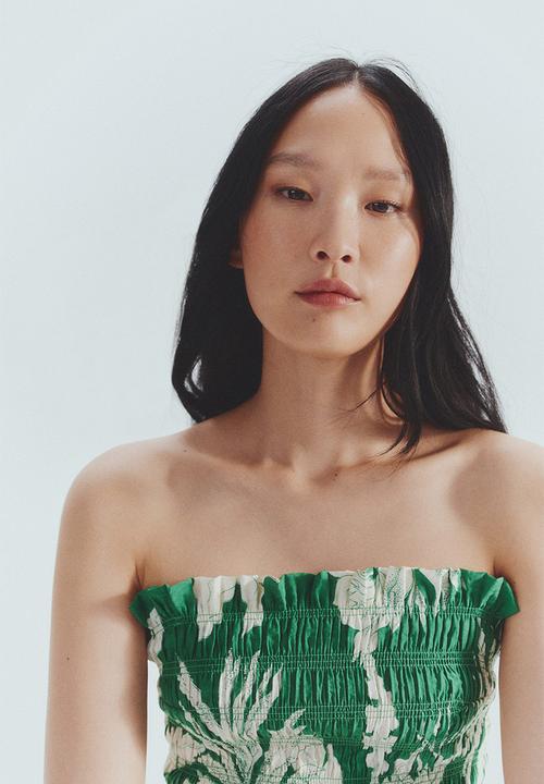 H&M - Smocked-bodice strappy dress - green/white floral
