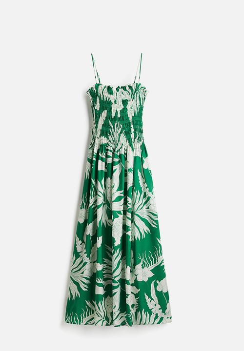 H&M - Smocked-bodice strappy dress - green/white floral