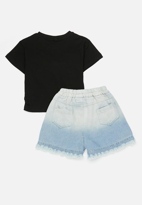 Pop Candy - Beaded butterfly tulle wing top with frayed hem shorts