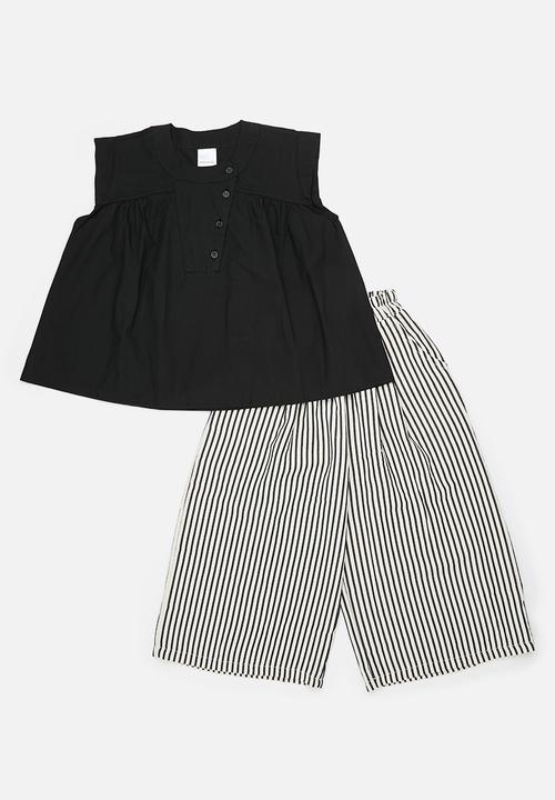 Pop Candy - Asymmetrical front blouse with wide leg pants - black/black stripe