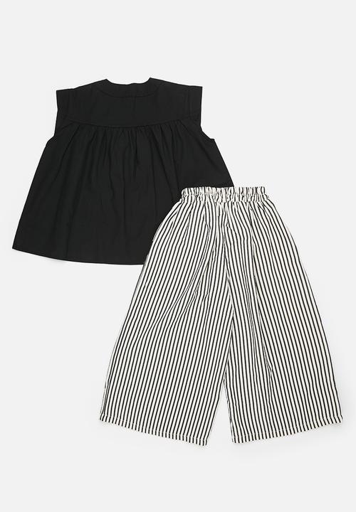 Pop Candy - Asymmetrical front blouse with wide leg pants - black/black stripe