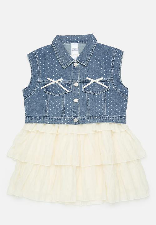 Pop Candy - Polka dot denim vest dress - blue/cream
