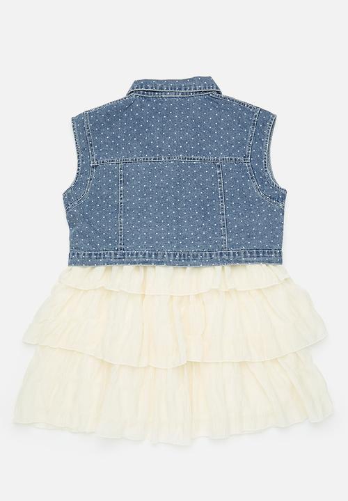 Pop Candy - Polka dot denim vest dress - blue/cream
