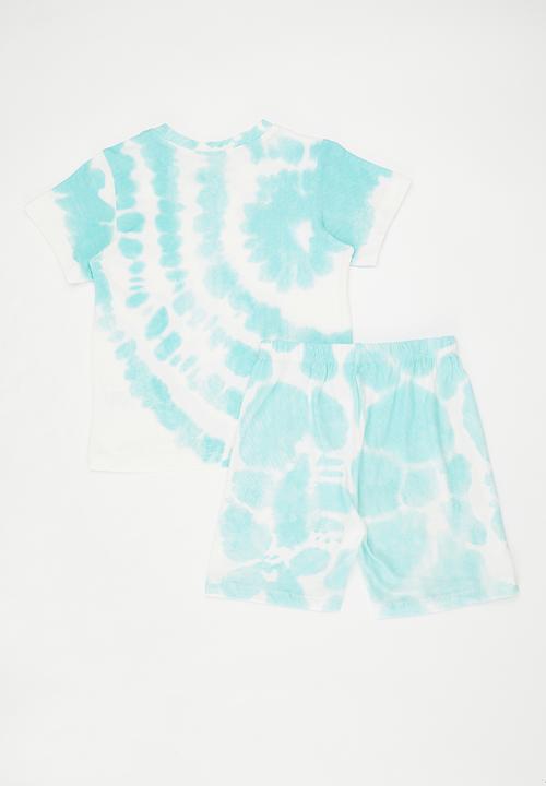 Pop Candy - Tie dye crew neck tee with shorts - aquamarine blue/white