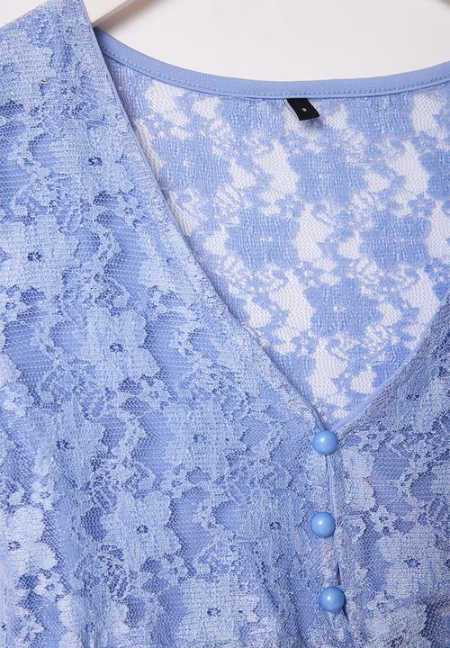Trendyol - Lace V-Neck Button Fitted Knitted Blouse - Blue
