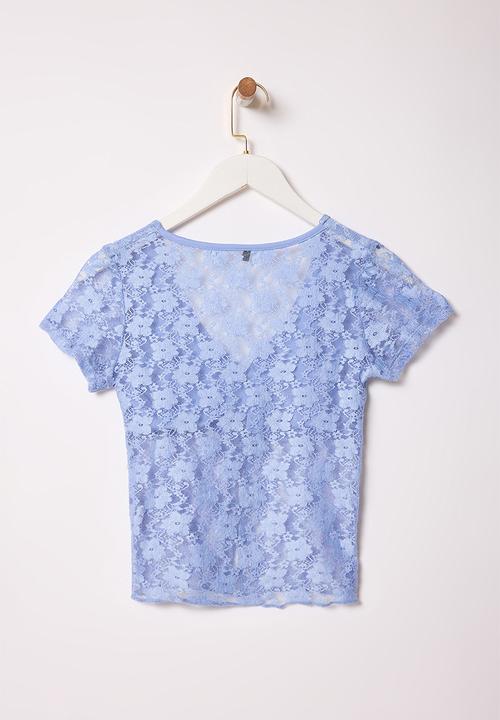 Trendyol - Lace V-Neck Button Fitted Knitted Blouse - Blue