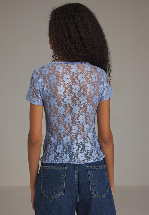 Trendyol - Lace V-Neck Button Fitted Knitted Blouse - Blue