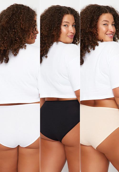 Trendyol - Plus size 3-pack cotton classic panties - black-white-skin