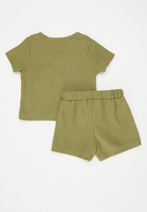 Pop Candy - Waffle knit top with bear badge & matching shorts - sap green