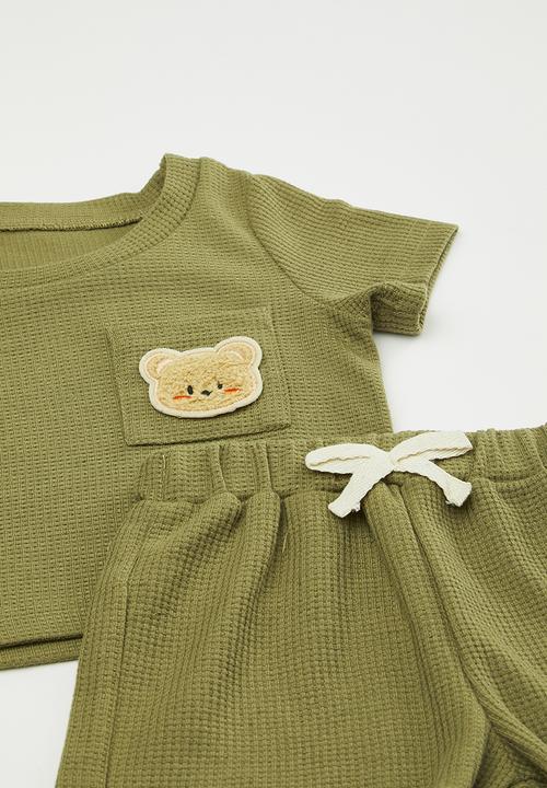Pop Candy - Waffle knit top with bear badge & matching shorts - sap green