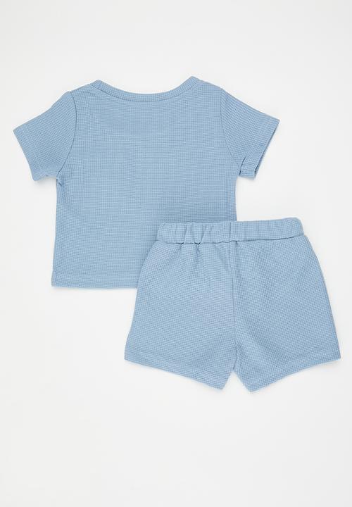 Pop Candy - Waffle knit top with bear badge & matching shorts - blue