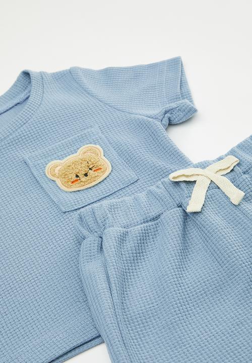 Pop Candy - Waffle knit top with bear badge & matching shorts - blue