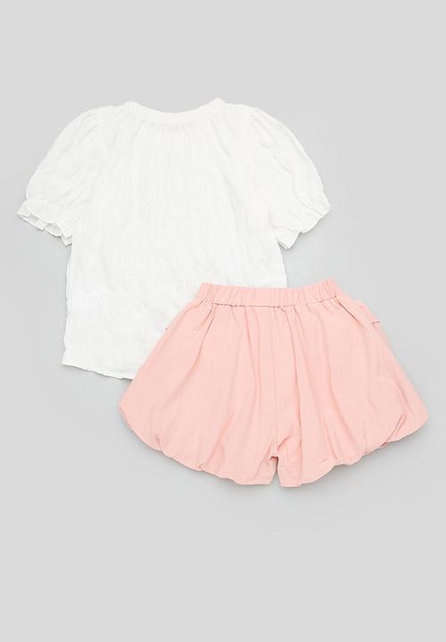 Pop Candy - Gathered neckline blouse with bubble shorts - white/pink