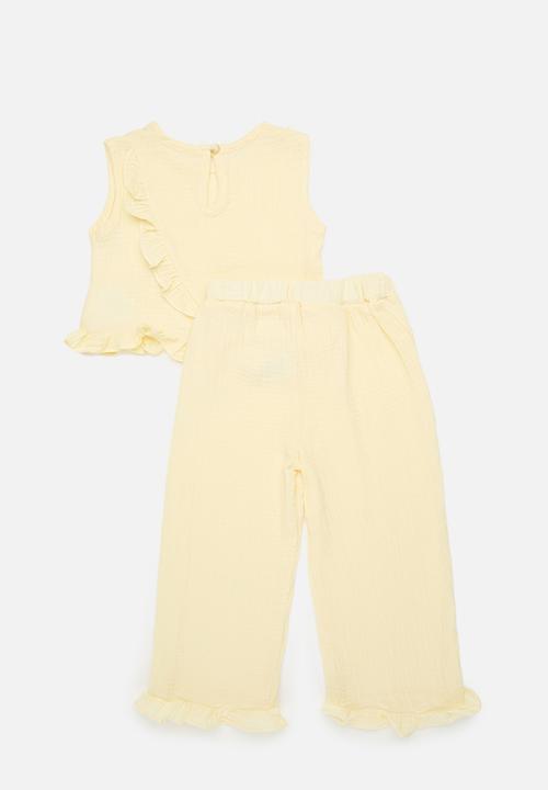 Pop Candy - Baby cotton ruffle hem top with matching pants - custard
