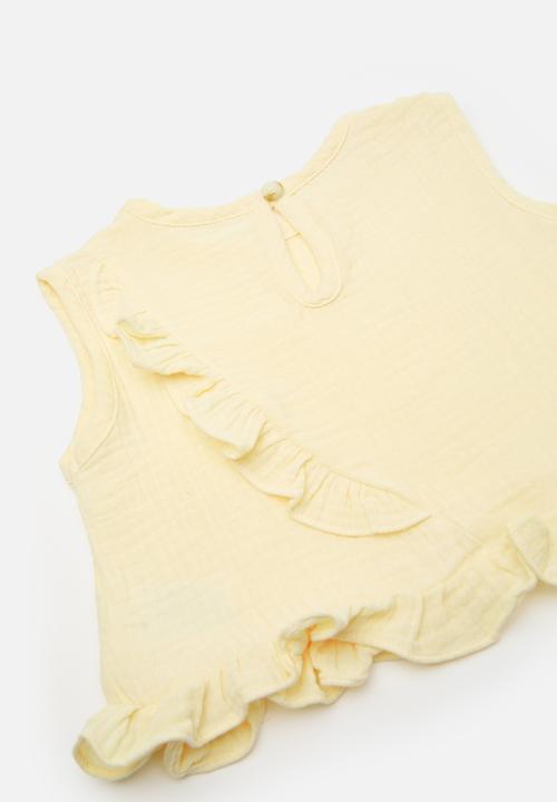 Pop Candy - Baby cotton ruffle hem top with matching pants - custard
