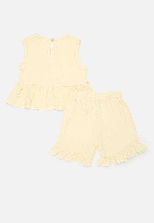 Pop Candy - Peplum top with bow detail & frilled hem shorts - lemon chiffon