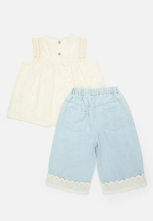 Pop Candy - Anglaise top with crochet detail & matching jeans - cream/light blue