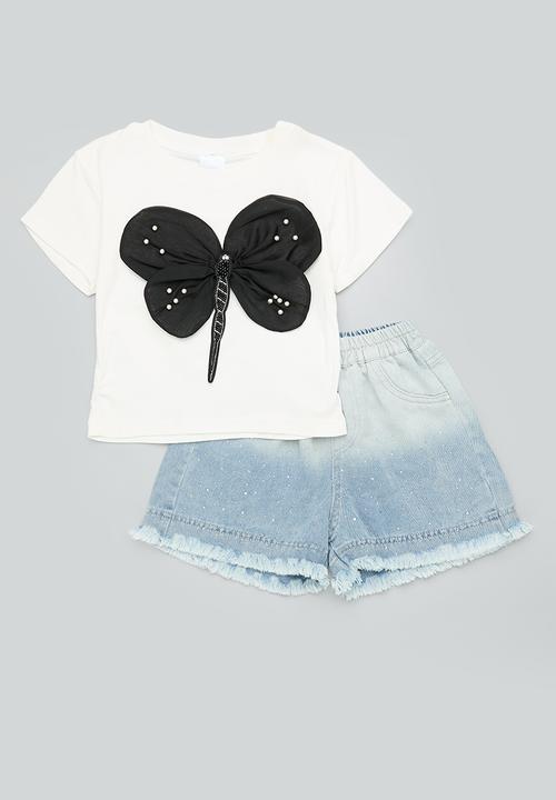 Pop Candy - Beaded 3D butterfly wing top with frayed hem shorts - multi