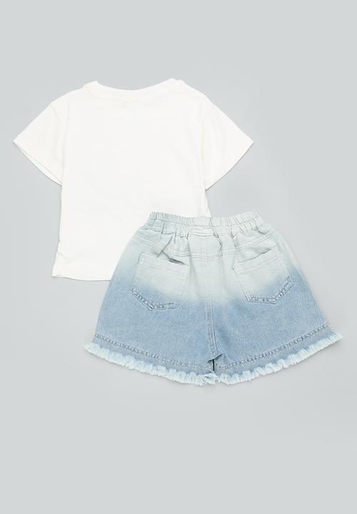 Pop Candy - Beaded 3D butterfly wing top with frayed hem shorts - multi