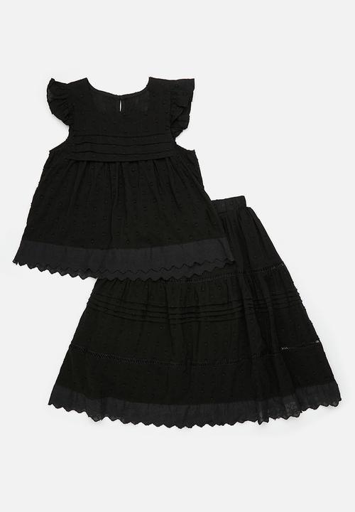 Pop Candy - Textured blouse & skirt with pin tuck detail and anglaise hem - black