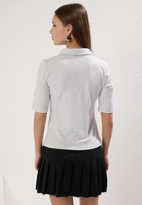 Trendyol - Polo Neck Three-Quarter Sleeve Knitted Blouse - Grey Melange
