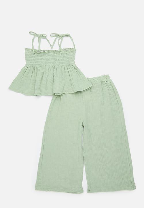 Pop Candy - Shirred bodice top with extra wide leg pants - calm green