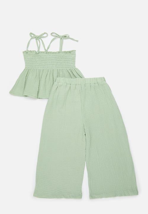 Pop Candy - Shirred bodice top with extra wide leg pants - calm green