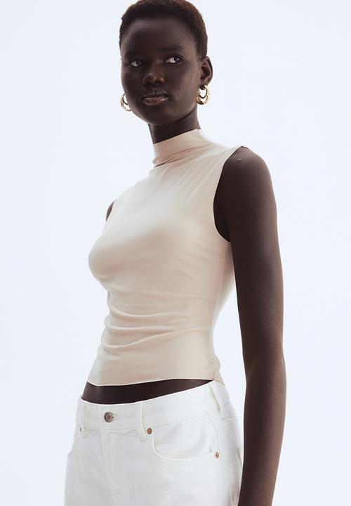 Sleeveless turtleneck top - light beige - 1293315003