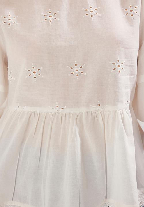 Trendyol - Balloon Sleeve Round Neck Woven Blouse - White