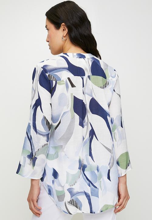 Stella Morgan - Johnny Collar V-Neck Scoop Hem Blouse - Blue