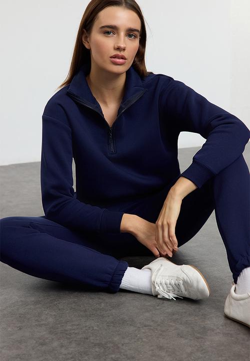 Trendyol - Stand Collar Fleece Zippered Jogger Tracksuit Set - Navy Blue