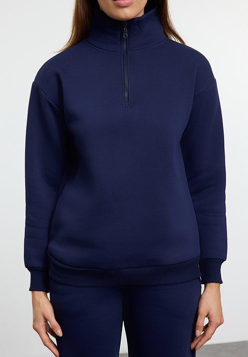 Trendyol - Stand Collar Fleece Zippered Jogger Tracksuit Set - Navy Blue