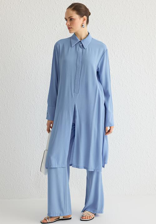 Trendyol - Front Slit Shirt Collar Woven Bottom-Top Suit Set - Blue