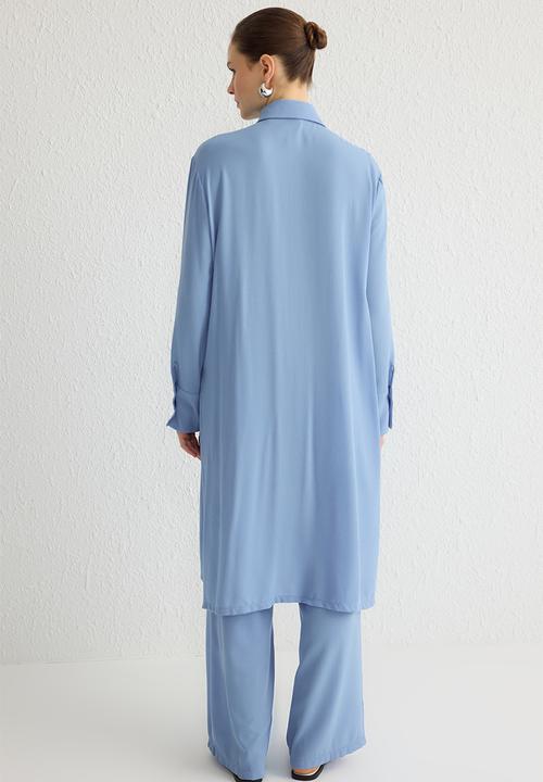 Trendyol - Front Slit Shirt Collar Woven Bottom-Top Suit Set - Blue
