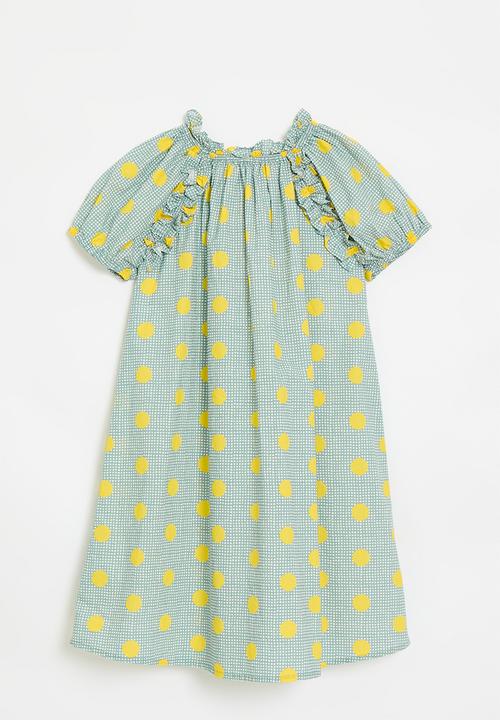 Pop Candy - Micro dot fabric dress with macro polka dots - green/yellow