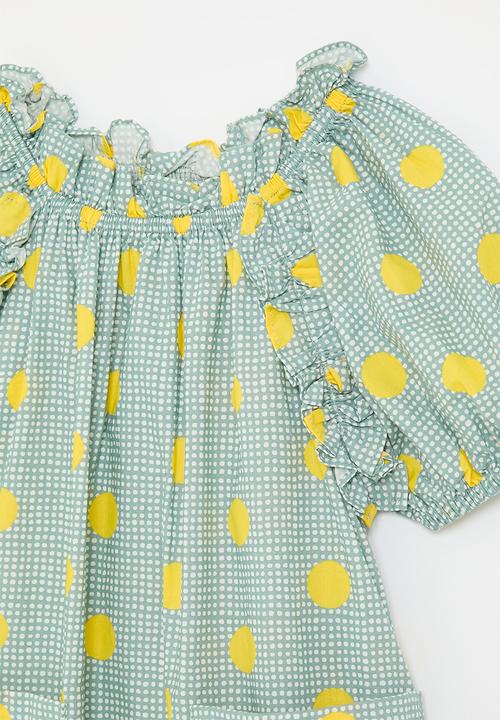 Pop Candy - Micro dot fabric dress with macro polka dots - green/yellow