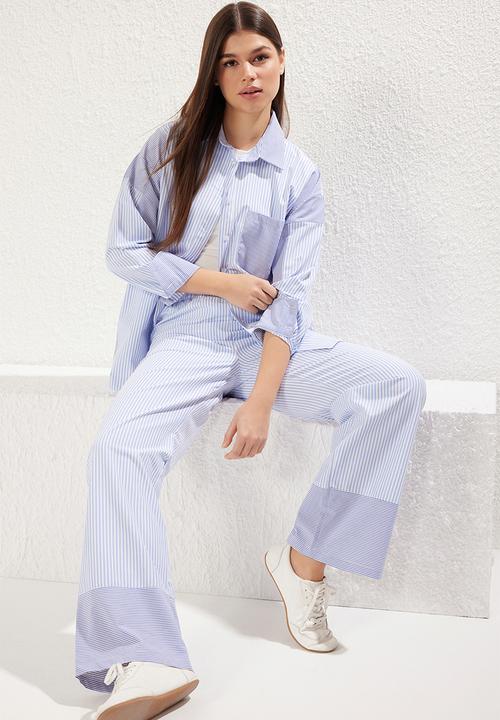 Trendyol - Oversize Striped Pocket Detailed Woven Bottom-Top Suit Set - Blue