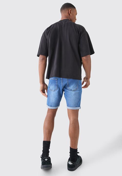 boohooMAN - Skinny Stretch Denim Shorts In Mid Blue - Mid Blue