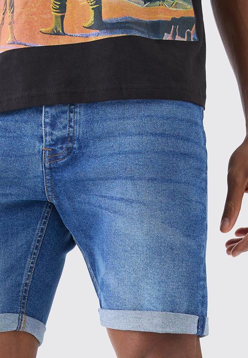 boohooMAN - Skinny Stretch Denim Shorts In Mid Blue - Mid Blue