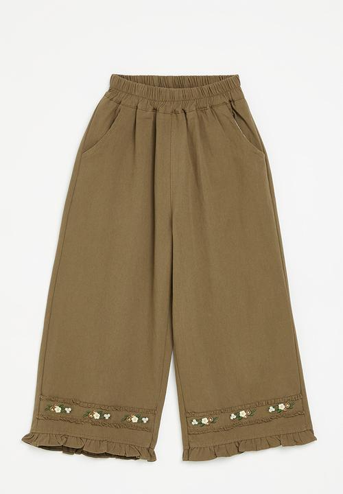 Pop Candy - Floral embroidered wide leg pants - dark brown