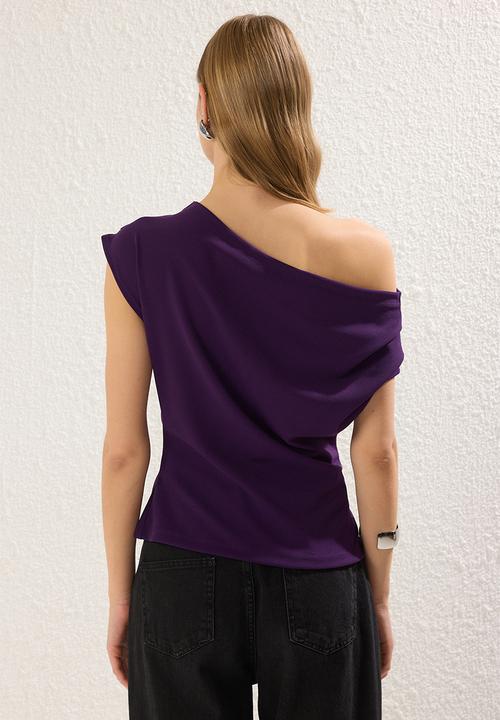 Trendyol - Knitted Blouse with Asymmetrical Neckline and Drape Detail - Purple