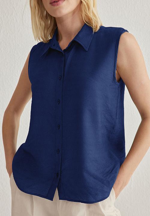 Trendyol - Sleeveless Linen Look Regular Fit Woven Shirt - Blue