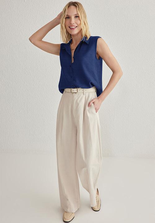 Trendyol - Sleeveless Linen Look Regular Fit Woven Shirt - Blue