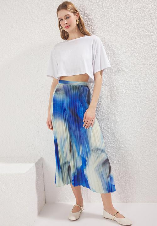 Trendyol - Tie-Dye Patterned Pleated Midi Length Woven Skirt  - Blue