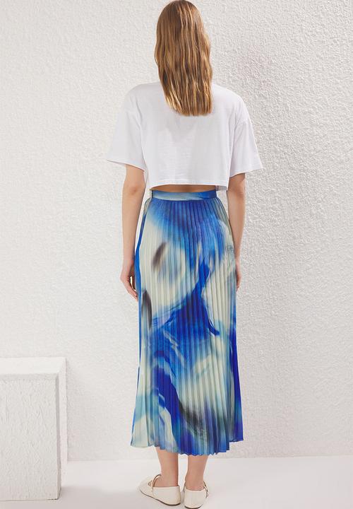 Trendyol - Tie-Dye Patterned Pleated Midi Length Woven Skirt  - Blue