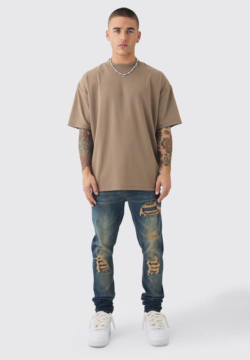 boohooMAN - Skinny Stretch Stacked Bandana Rip & Repair Jeans - antique blue
