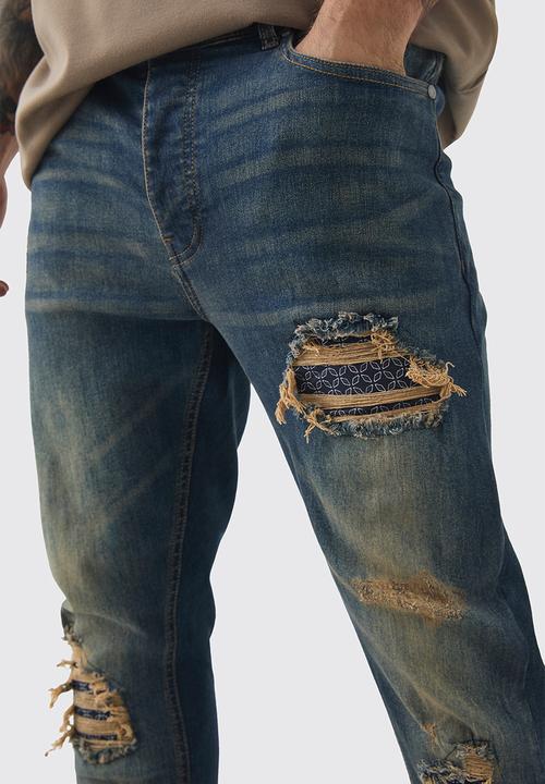 boohooMAN - Skinny Stretch Stacked Bandana Rip & Repair Jeans - antique blue