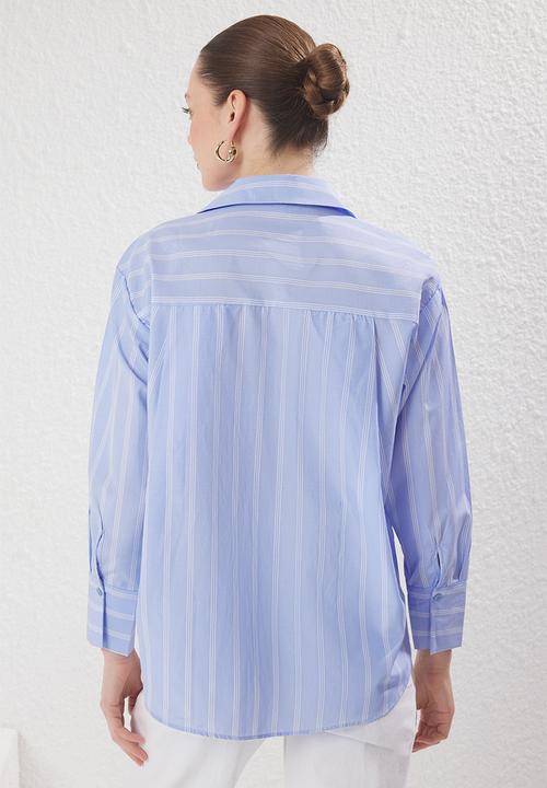 Trendyol - Stripes Oversize Mold Power Olive Oil Shirt - Blue